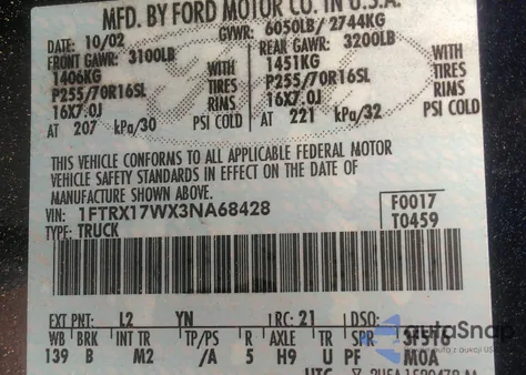 2003 Ford F-150 Lariat/Xl/Xlt from USA, damaged, VIN 1FTRX17WX3NA68428